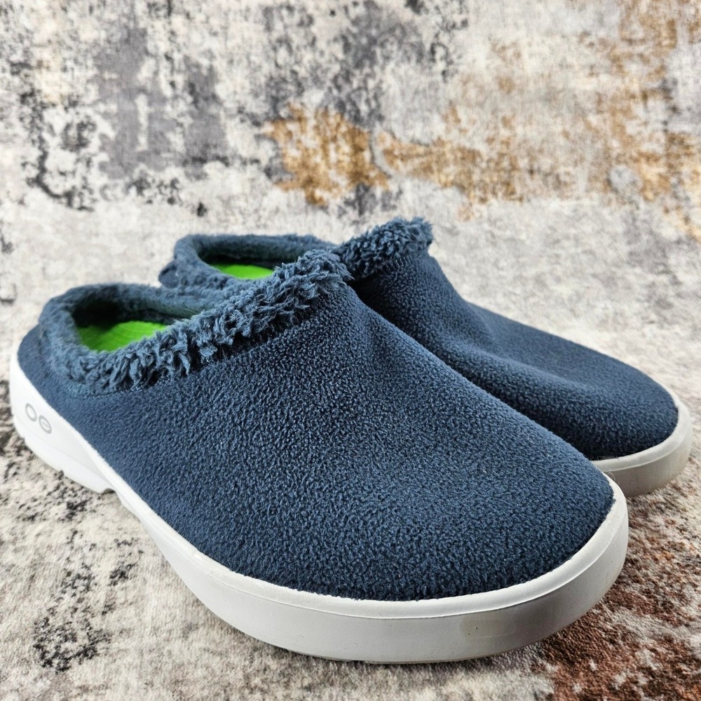 OOFOS OOcoozie Sherpa Mule Slippers Mens 10.5 Blue Comfort Recovery Foam Indoor